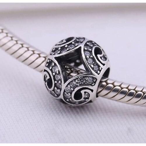 Authentic S925 Bead Openwork Vintage Pave CZ Charm fit Lady Bracelet Bangle DIY Jewelry
