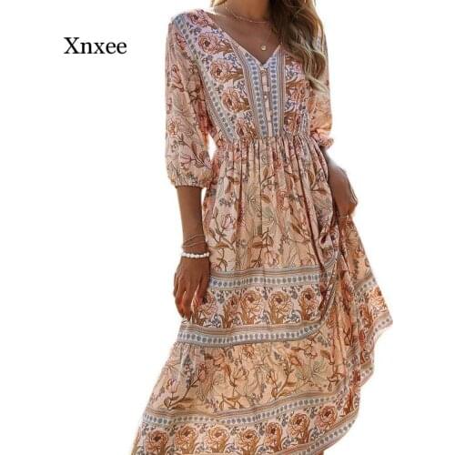 Spring and Autumn Womens New V-Neck Bohemian Long Skirt High Waist Chic Womens Floral Dress Viscose French Dress Womens Robe