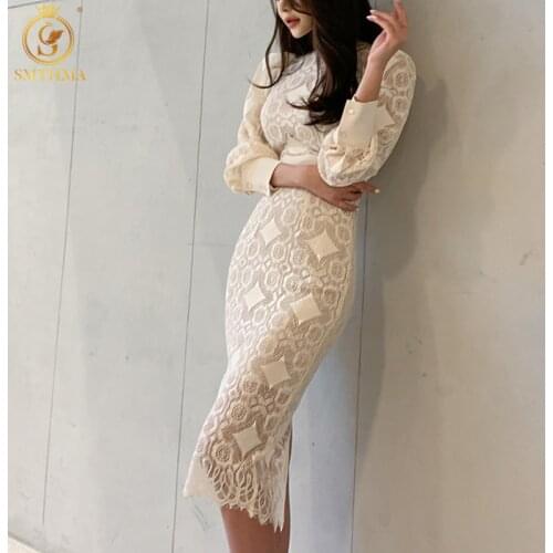 SMTHMA 2021 New Arrival Elegant Slim Lace Hollow Out Dress Robe Women Long Sleeve Sexy Work Casual Party Dresses Vestidos
