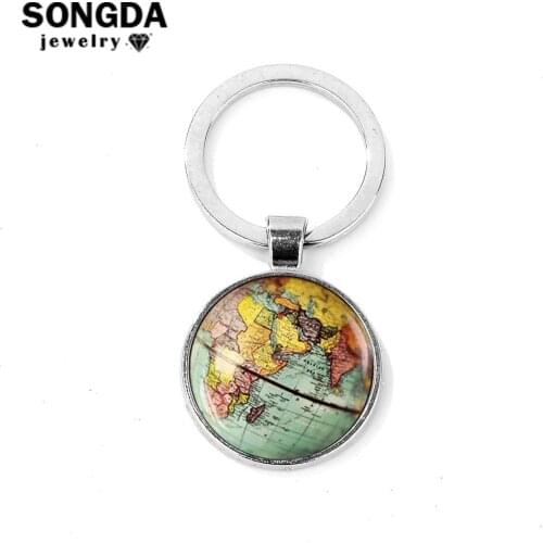 SONGDA Brand High Quality Metal Keychain World Map New York Map Glass Dome Key Chain Sleutelhanger Dream Travel Key Ring Jewelry