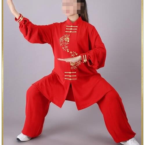 Unisex Red High Quality Embroidery Martial Arts Kung Fu Clothing Robe Taiji Wushu Uniforms Tai Chi Performance Suits