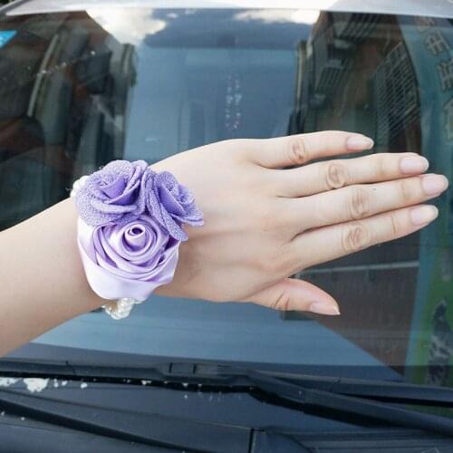 In Stock Lilac Satin Rose Pearl Beaded Wrist Flowers Bridal Marriage Wrist Corsages Artificial Hand Flower Party Decor SW0600