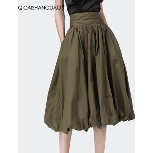 100% Cotton Army Green Pleated Skirts Fashion Spring Summer Women New Loose Elastic Waist A-Line Casual Long Ball Gown Skirts