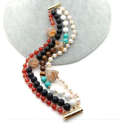 YYGEM 4strands 8'' round lava Tigers Eye freshwater Pearl Porcelain carnelian statement Bracelet handmade ethnic style party