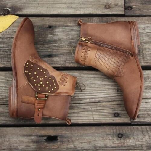 WomenS Handmade Sheepskin Ankle Boots Comfortable Walking Round Toe Retro Rivet Martin Boots With Buckles Brown