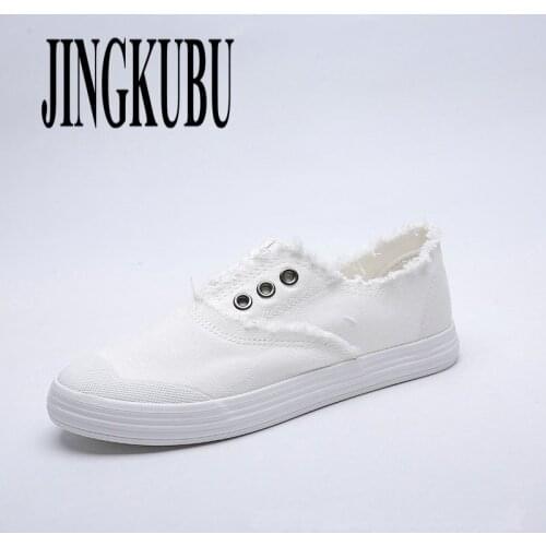 JINGKUB 2019 Womens Vulcanize Shoes female low canvas shoes women fashion breathable white cloth casual shoes solid shoes woman