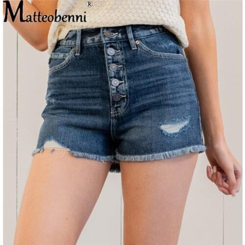 2021 Summer Women Ripped Frayed Hole High Waist Buttons Straight Denim Shorts New Ladies Fashion Casual Streetwear Denim Shorts