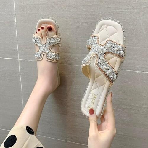 Koovan Womens Slippers 2020 Spring Summer New Girls Shoes Rhinestone Slippers Female Outer Wear Flats Ins Beach Sandals