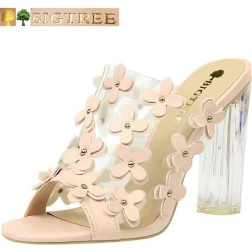 Women Shoes Slippers Transparent Square heel Crystal with Transparent One word Flower sweet Open Toe High Heels Slipper