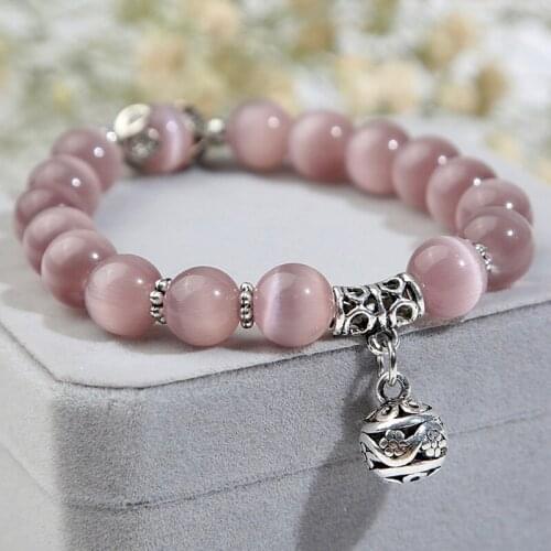Women Opal Bracelet Natural Stone Beautiful Smooth Charm Braslet Cute Round Pendant Braclet Jewelry Gift