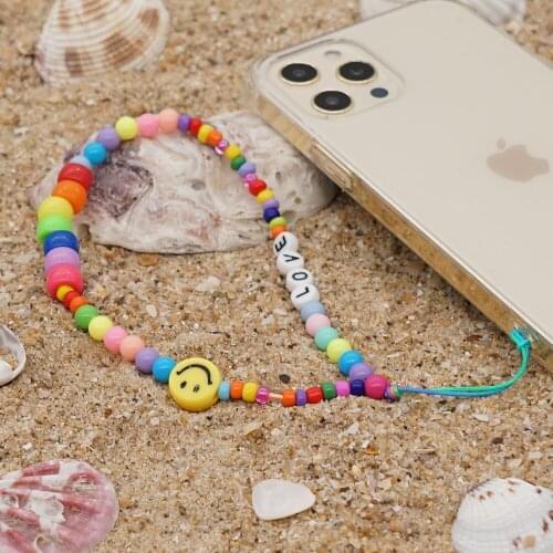 2021 Trend Colorful Acrylic Bead Mobile Phone Chain Cellphone Strap Anti-lost Lanyard For Women Hanging Cord Summer Jewelry Gift