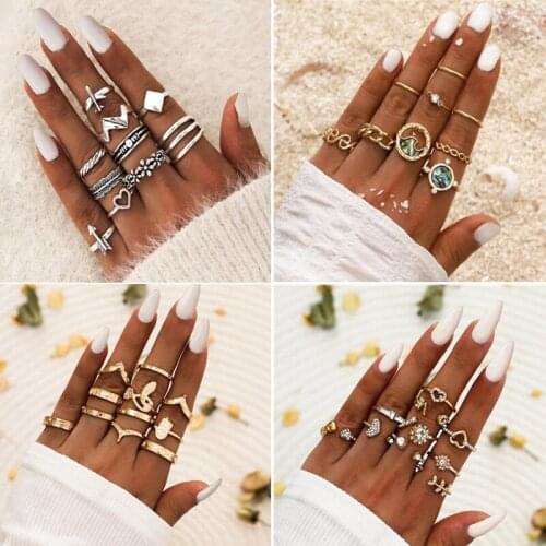 Vintage Gold Silver Color Geometric Ring Sets for Women Charm Wave Flowers Moon Star Finger Rings Bohemian Jewelry Gift