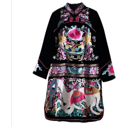 Retro Chinese Style Embroidery Spring Autumn Womens Short Dress Black Wrist Sleeve Stand Collar Indie Folk Ladies Pencil Skirt