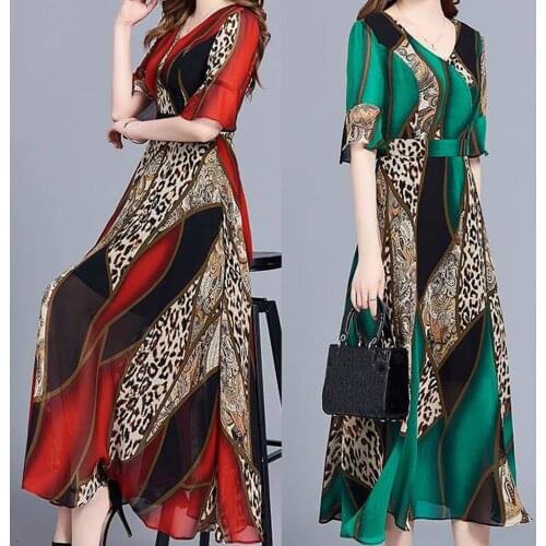 &40 Women Dress 2019 Fashion Summer Dresses Women Dress Plus Size V-Neck Knee Length Short Sleeve Leopard Print Dresses