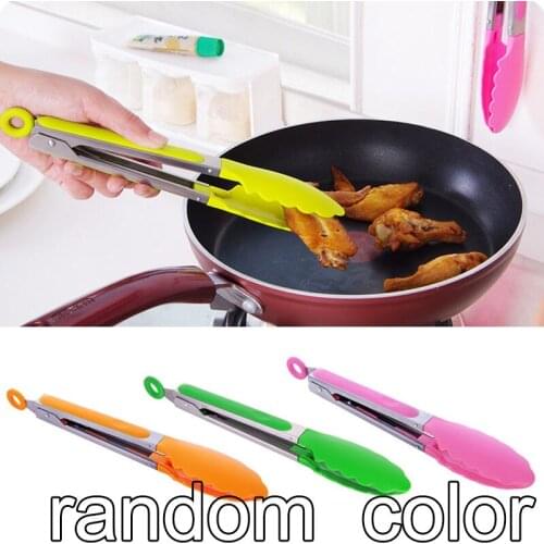 1pc Silicone Serving BBQ Tongs Salad Food Buffet Clip Steel Handle Kitchen Tool Color Random
