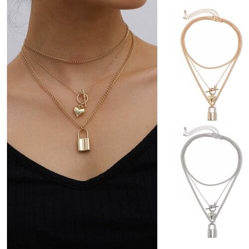 1PCS Multi Layer Lover Lock Pendant Choker Necklace Steampunk Padlock Heart Chain Women Clavicle Necklace Jewelry Gift