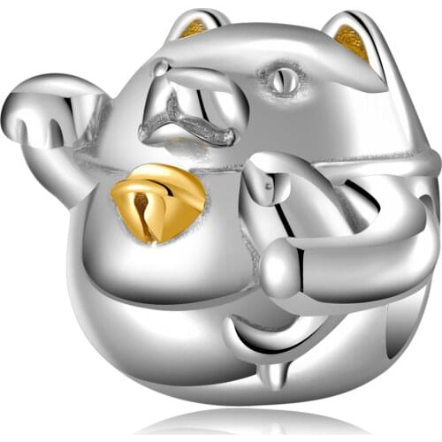 AGATA Gilded bell beckoning cat genuine 925 Sterling Silver Charms Beads Fit Original Pandora Charms Bracelet Fine Jewelry