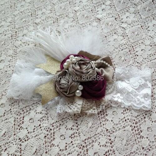 Free Shipping Autumn Dupioni Silk Roll Flower Ivory Ostrich Feather Headband Kids Hair Accessories