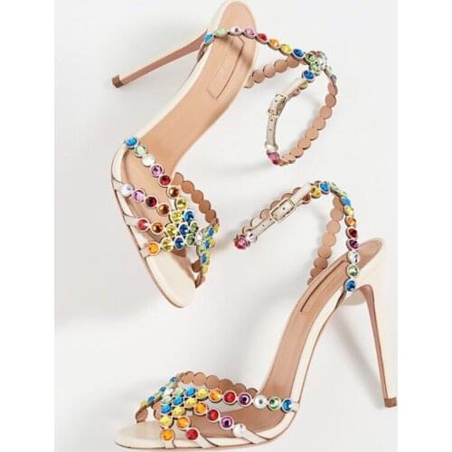 2021 summer new fashion high heels sexy rhinestone leather French girl colorful diamond sandals banquet dress wedding shoes