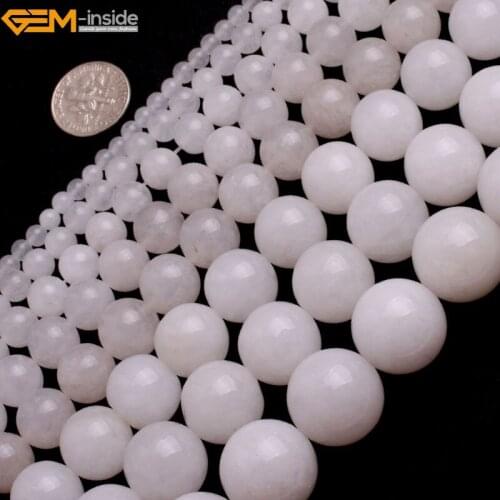 Gem-inside 4-14mm Round Smooth Stone Beads White Jade Beads For Jewelry Making Beads 15inches DIY Beads