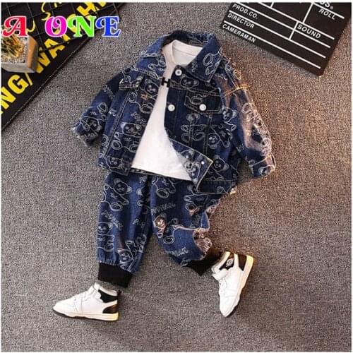Spring autumn boys denim jacket kids denim clothes baby clothing jackets + pants 2 pcs set fashion Cartoon embroidery 2T to 8T