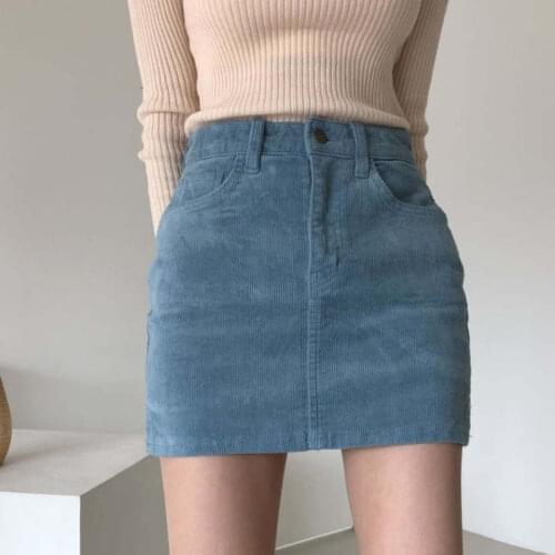Korean Fashion Retro Slim High Waist Corduroy Mini Skirts Womens Blue Black Short Bodycon Pencil Skirt Sexy Ladies Skirt C7579