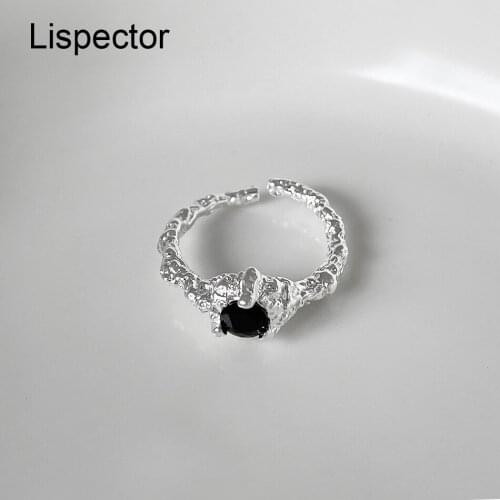 Lispector 925 Sterling Sliver Korean Irregular Balck Crystal Rings for Women Luxury Party Night Club Ring Casual Female Jewelry