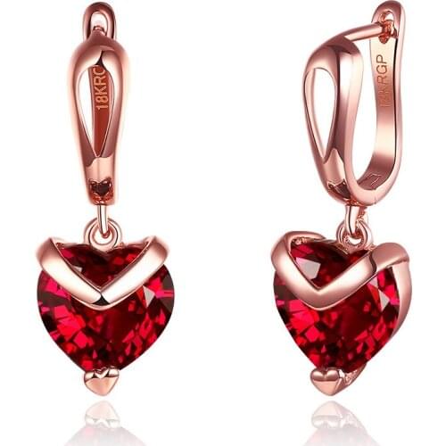 Fashion Heart-shaped Red Zircon Earrings Rose Gold Earrings Women Earrings for Wedding Engagement