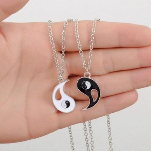 Trendy Couple 2 Pcs/Set Lover Friendship Necklace For Women Metal Tai Chi Heart Rainbow Moon Key Chain Pendant Cute Jewelry Gift