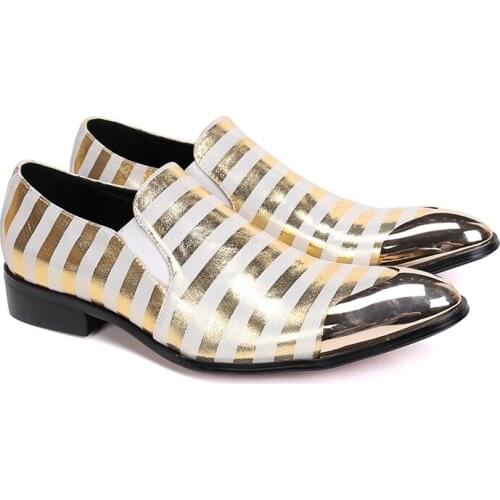 Christia Bella Fashion Male Golden Stripe Genuine Leather Shoes Metal Pointed Toe Mens Party Dress Shoes Man Plus Size Shoes