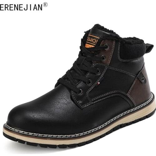 ERENEJIAN Mens Plush Warm Ankle Boots Leather Waterproof Thermal Snow Boots Outdoor Hiking Climbing Trekking Footwear Shoes