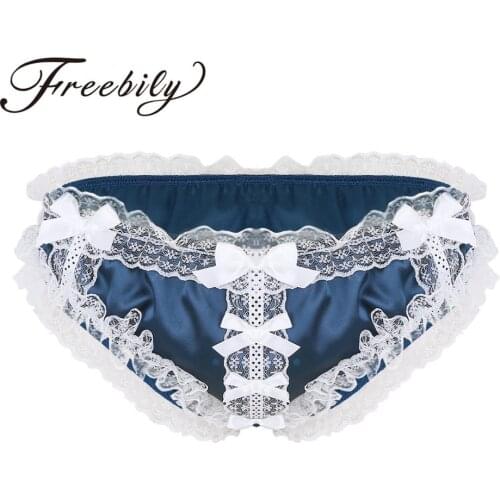Sexy Men Sissy Panties Low Rise Bowknot Floral Lace Satin Thongs Male Underwear Stretchy Ruffle Frilly Patchwork Gay Men Briefs
