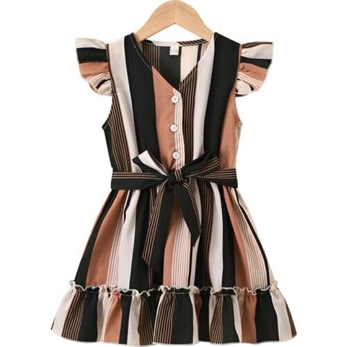 2021 New Summer Girls Fashion Striped Dresses Girl Baby Sleeveless Clothes Bowtie Sashes Girl Dress Costumes Ruffles Clothing