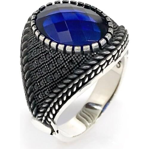 New Top Quality Oval Cut Navy Blue Silver Men 'S Ring