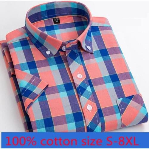 New Arrival Fashion Super Large 100% Cotton Plaid Short Sleeve Young Men Summer Casual Shirts Plus Size M-2XL3XL4XL5XL6XL7XL8XL