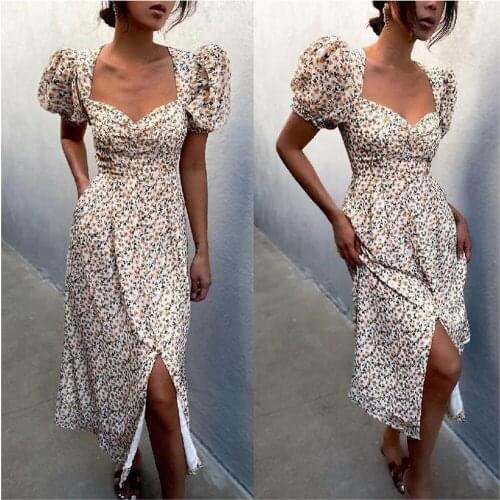 Puff Short Sleeve Women Summer Midi Dress 2021 Vintage V Neck White Floral Print French Style Sundress Sexy Slit Party Dresses