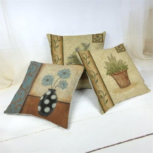 Retro Vintage Purple Flower Green Vase Home Decorative Cotton Linen Pillow Case Cushion Cover 18'' 45CM