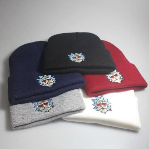 Beanies Hats Elastic Embroidery Warm Winter Unisex Knitted Hat Skullies Rick Morty Animation Ski Gorros Caps