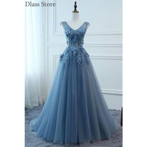 Blue Prom Dresses 2020 New Sleeveless Flowers Beading Illusion V-neck A-line Sweep Train Evening Dresses коктейльные платья