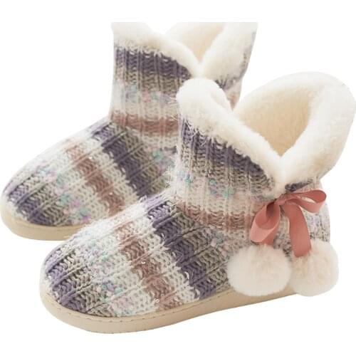 Suihyung Women Cotton Shoes New Soft Warm Mixed Colors Knit Ankle Boots Ladies Indoor Slip On Bow Hairball Female Booties Botas