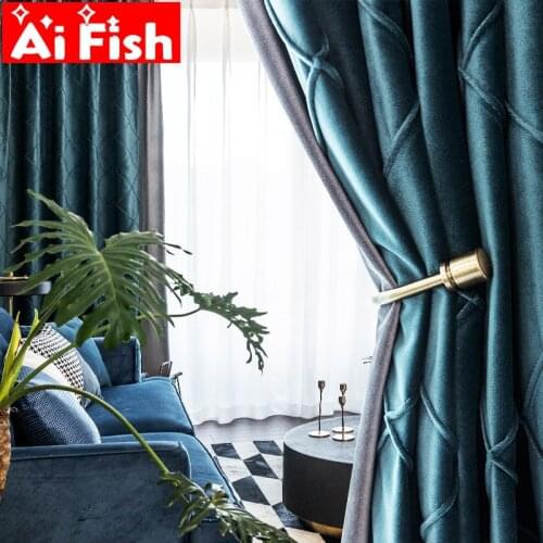 Dark Green Velvet Printed Plaid Blackout Curtains For Living Room Gray Physical Shading Thicker Bedroom Window Blinds Drape #30