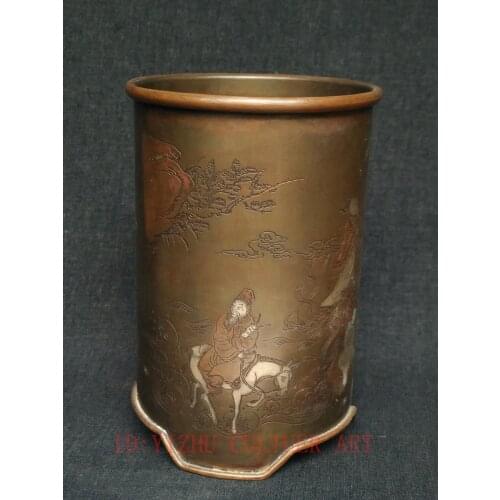 YIZHU CULTUER ART Collection Old China Bronze Handmade Carved Silver plated Eight Immortals Brush Pot