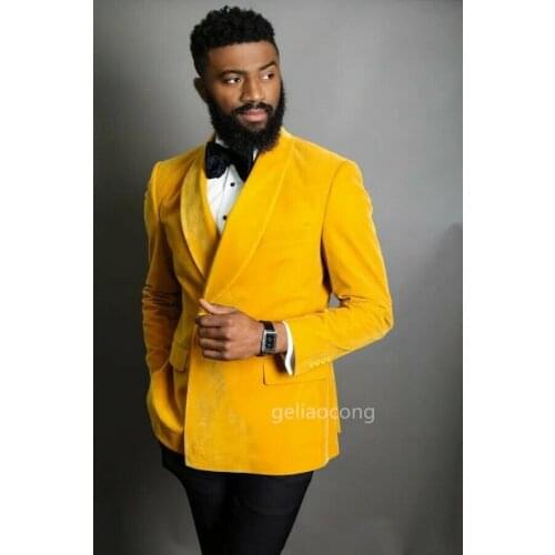 Yellow Velvet Men Suits For Wedding Mens Suits Prom Suit Men Groom Tuxedo Shawl Lapel Blazer and Black Pants Slim Fit Costume