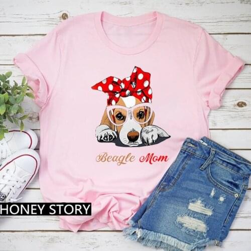 Kawaii Dog Prints Pink Tshirt Short Sleeved Polyester T Shirt for Women Beagle Mom Vintage T-shirt Womens Fashion Harajuku Tops