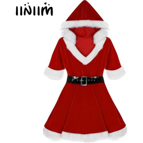 Iiniim Hot Women Red Velvet V Neck Hooded Tutu Dress Mrs Claus Costume Dress Santa Baby Costume Christmas Fancy Dress with Belt