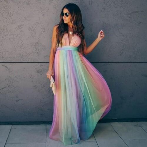 Deep V-neck Rainbow Mesh Sexy Dress Women High Waist Sling Dresses Beach Summer Clothes Women Dress Streetwear Vestidos