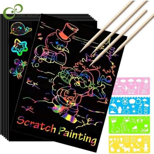 1Set Magic Color Rainbow Scratch Art Paper Card Set with Graffiti Stencil for Drawing Stick DIY Art Painting Toy Kids Gift YJN
