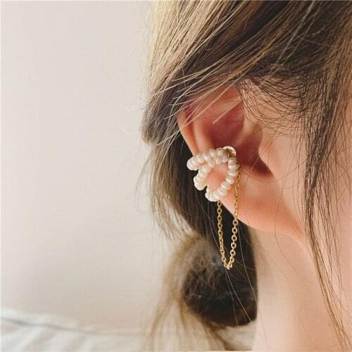 1PCS Trendy Chain Tassel Earring Geometry Ear Cuff Jewelry Pearls Gold Chains Clip Earrings For Women