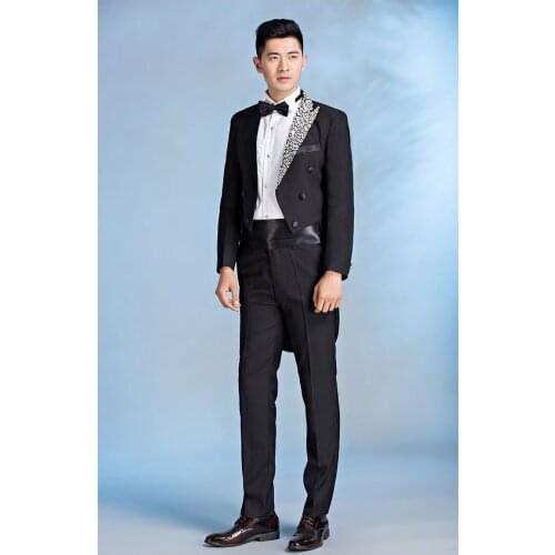 100%real mens black rhinestone beading collar tuxedo swallowtail performance jacket/party/stage performance/jacket &pants&bowtie