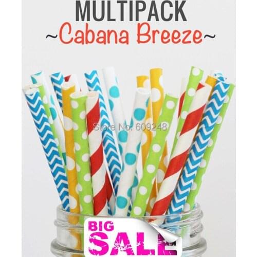 100pcs Mixed Colors CABANA BREEZE Themed Paper Straws Wholesale UK, Lime Green and Aqua Polka Dot, Blue Chevron, Red Striped